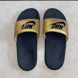 Black and Gold Nike Slides